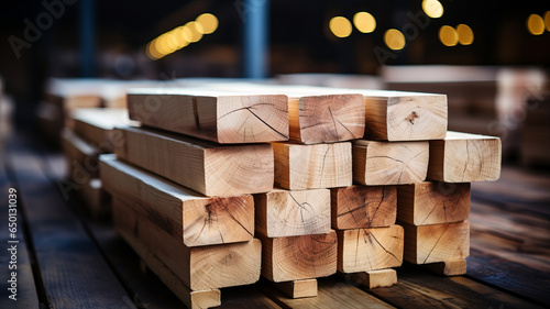 Wooden boards, lumber, industrial wood, timber. Pine wood timber in the warehouse.