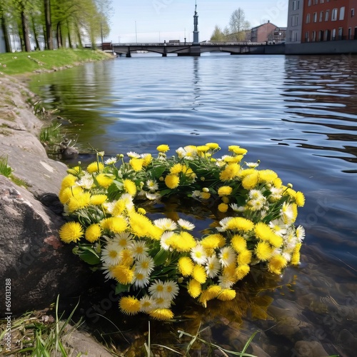 Floral wreath with dandelions flowers floating on water.  Beautiful big yellow floral wreath floating in a pond. Yellow floral wreath with small flowers. photo