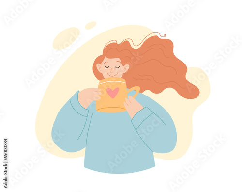 Cute girl holding a cup. Young positive female character, happiness and self love concept. Flat cartoon vector illustration.