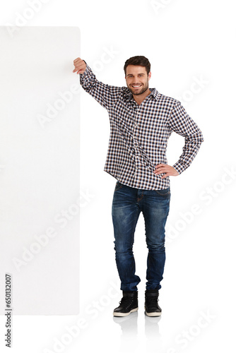 Portrait, smile and mockup with a man leaning against a poster isolated on a transparent background. Poster, space and marketing with a happy young brand ambassador person on PNG for advertising photo