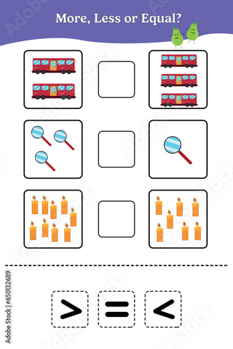 More less or equal. Educational math game for kids. Printable worksheet design for preschool, kindergarten or elementary students. Activity page for children.