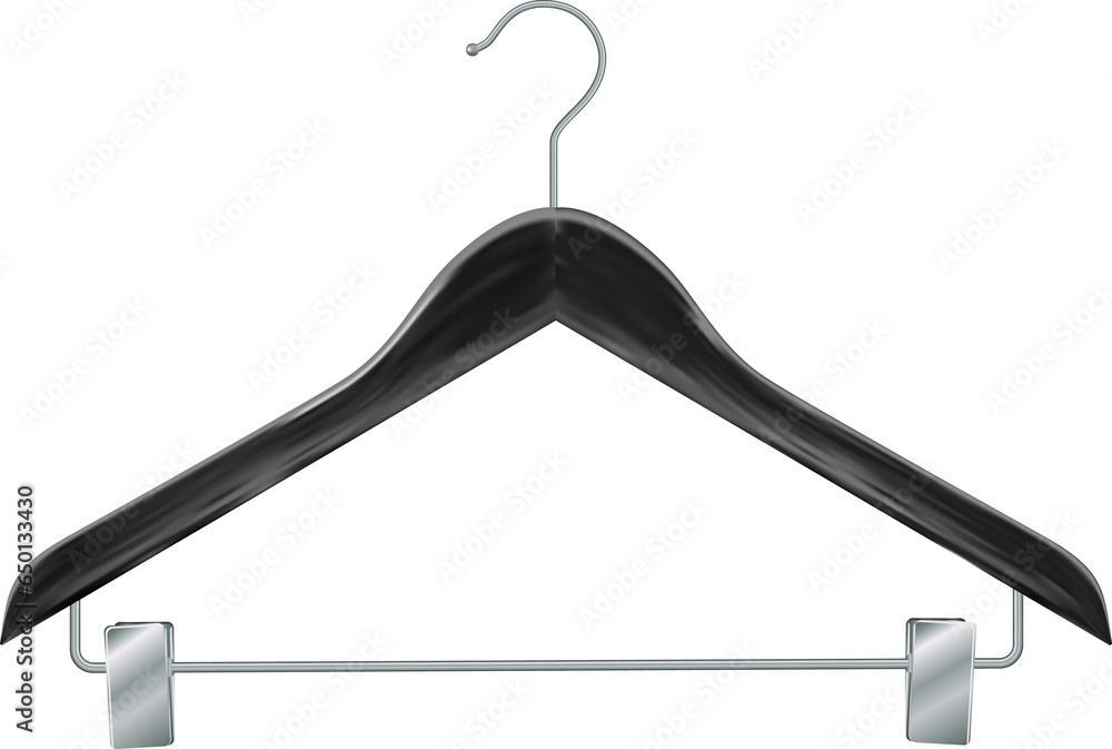 Black hanger for clothes. Wooden hanger Realistic vector clothes hanger wooden stylish closeup isolated on background.