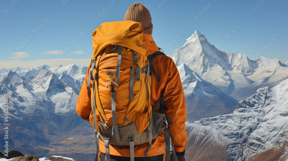 hiker  with backpack in the snowy mountains