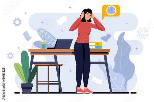 Fototapeta Naklejka Na Ścianę i Meble -  Deadline minimalistic concept with people scene in the flat cartoon style. Woman is worried because she did not have time to complete all the tasks.  illustration.