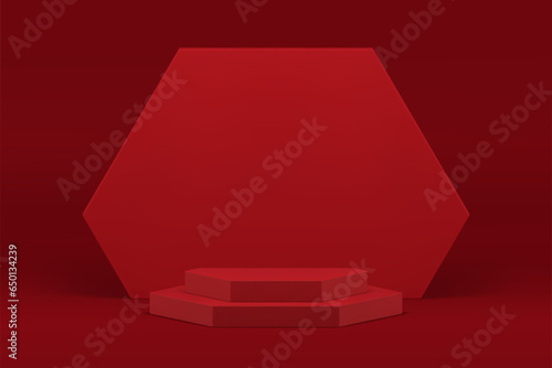 Red 3d geometric step podium fashion pedestal for product commercial presentation realistic vector