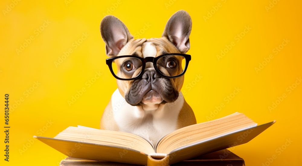 Cute funny dog reading book. Education concept. Cute funny dog reading book. Education concept.