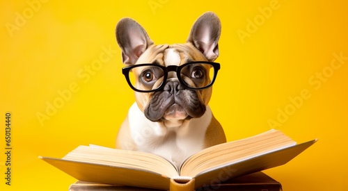 Cute funny dog reading book. Education concept.