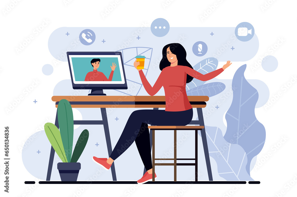 Video conference minimalistic concept with people scene in the flat cartoon style. Business woman communicates with her colleague via video conference.  illustration.