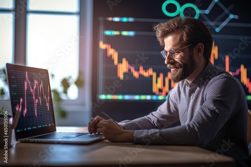 This portrait depicts a handsome young businessman at his workplace, analyzing stock market data in front of a laptop.

 Generative AI photo