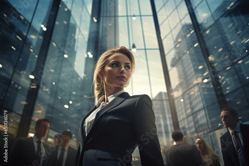 Successful Businesswoman in Stylish Suit Working on Top Floor Office Overlooking Night City. 