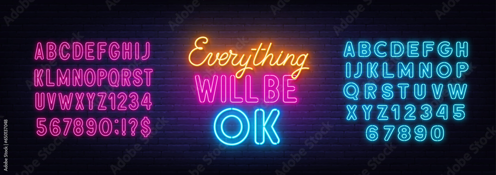 Everything Will Be Ok neon lettering on brick wall background. - obrazy, fototapety, plakaty 