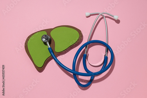 Paper mockup of liver and stethoscope on pink background, top view