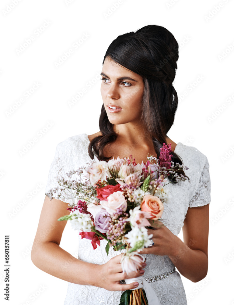 Bride, woman with bouquet and wedding, thinking about future with love and commitment isolated on png transparent background. Flowers, white dress and marriage with ceremony, event and life choice Bride, woman with bouquet and wedding, thinking about future with love and commitment isolated on png transparent background. Flowers, white dress and marriage with ceremony, event and life choice