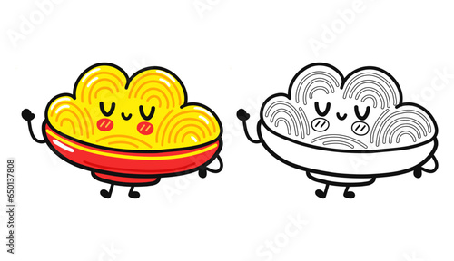 Plate of Spaghetti character outline cartoon illustration for coloring book. Vector hand drawn Spaghetti traditional cartoon vintage  retro  kawaii character. Isolated white background
