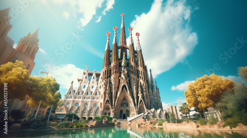 La Sagrada de Familia in the daytime, seen from the streets of Barcelona. Spanish famous Tourist destination. Roman Catholic church in the center of Barcelona.