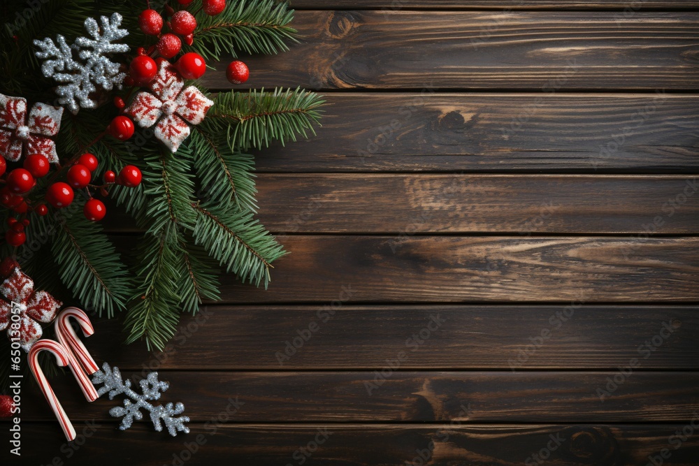 Top view christmas gifts, candy cane and fir tree on weather grunge wooden backdrop with copy space. Generative Ai Top view christmas gifts, candy cane and fir tree on weather grunge wooden backdrop with copy space. Generative Ai