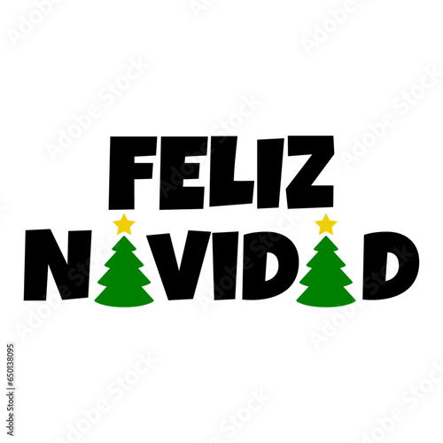 Tiempo de Navidad. Logo con texto manuscrito Feliz Navidad en español con árbol de navidad con estrella en lugar de letra A para su uso en invitaciones y felicitaciones