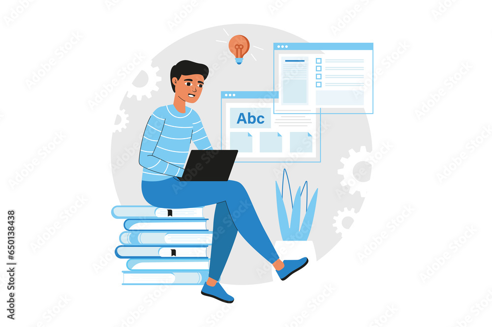 Education blue concept with people scene in the flat cartoon style. Boy learns a lot of important information from the Internet and acquires knowledge. illustration. Education blue concept with people scene in the flat cartoon style. Boy learns a lot of important information from the Internet and acquires knowledge. illustration.