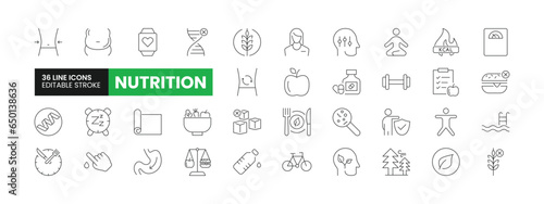 Set of 36 Nutrition line icons set. Nutrition outline icons with editable stroke collection. Includes Proteins, Carbohydrates, Gluten Free, Exercise, Healthy Food, and More.