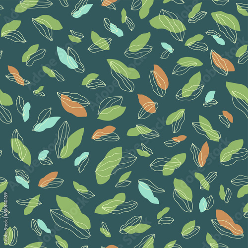 Seamless pattern with leaves on a dark background. Women's clothing pattern. The leaves are scattered in different directions. Flat vector illustration