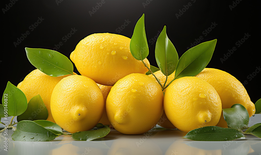Whole lemon with leaves on a dark background.