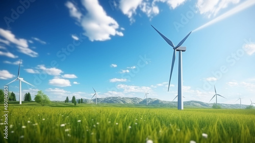 Wind turbine in the field, Sunny Green Landscape. Sustainable clean energy concept
