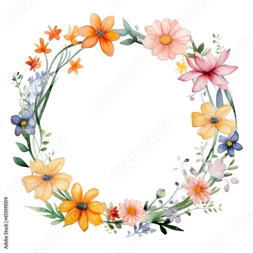 Circle frame of watercolor flowers and leaves on white background. © dashtik