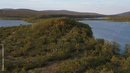 Aerial shot of Luomusjärvet and Nuorttatjávri lakes, next to Ruktajárvi tupa, in the beginning of Kevo trail in Lapland, Finland.  photo