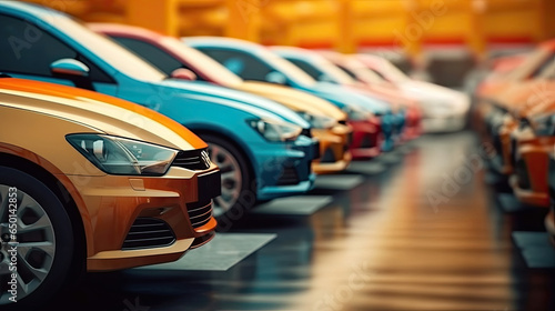 Automotive Industry, Cars Dealership Parking Lot. Rows of Brand New Vehicles Awaiting New Owners, on the epoxy floor in new car service. . Generative Ai