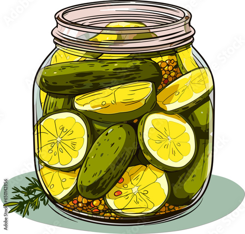 Jar preserved vegetables. Can of pickled cucumbers. Cartoon canned food in glass. Grocery conserve container, vector