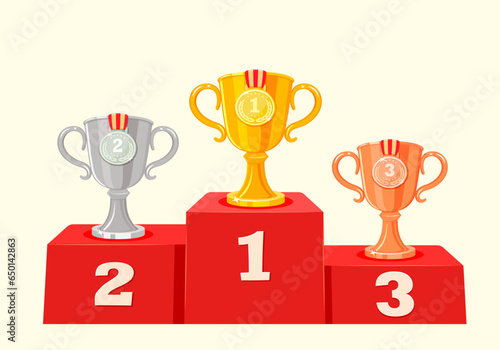 Award ceremony podium. Gold, silver and bronze cups with medals. Competition trophies vector illustration photo