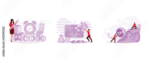 Businesswoman filling out a tax form. Make puzzles with income tax words. Pulling a load that says tax up a cliff. Tax concept. Set Trend Modern vector flat illustration