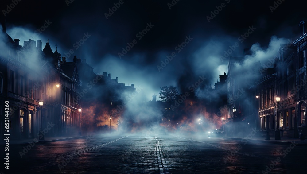 Night view of street at night with lights and fog. Halloween concept