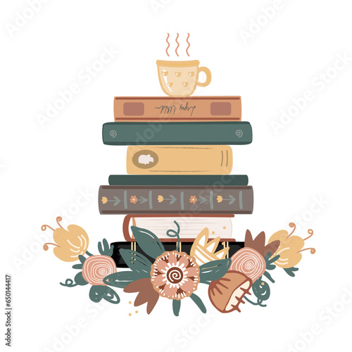 Vintage composition with books pile, tea mug, and meadow doodle flowers isolated on white background. Hand drawn vector illustration