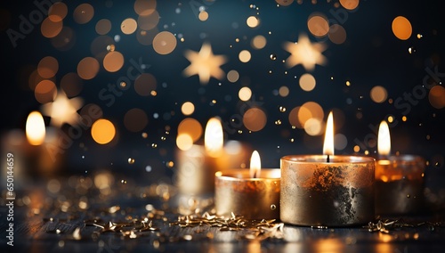 Burning candles with golden confetti and stars on bokeh background