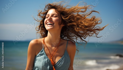Portrait of beautiful young woman with flying hair on the beach.