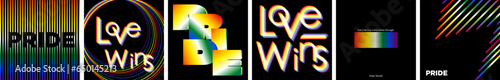 Pride Month Neon Rainbow Color Design Poster Set. Love Wins. Strips of neon rainbow gradient. For pride month celebrated in June. Editable Vector Illustration. 
