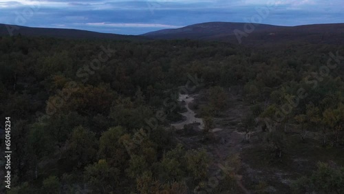 Aerial shot of mountains in Lapland, in the beginning of Kevo trail in Lapland, Finland. photo