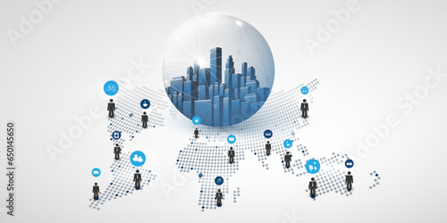 Modern Style Global Networks, Worldwide Business, IT Connections - Social Media Concept Design with Globally Connected People, Figures Icons, City in a Globe and Spotted 3D World Map - Vector Template