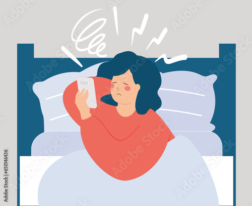 Sad woman checking her mobile and reads negative comments, critics and insults in her bed. Girl victim of cyberbullying and abuse on social media. mental health disorder concept. Vector illustration