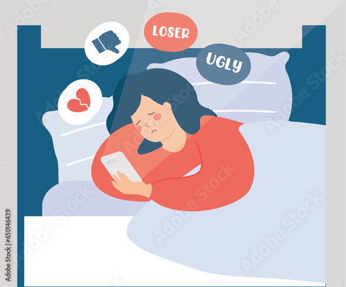 Sad woman checking her mobile and reads negative comments, critics and insults in her bed. Girl victim of cyberbullying and abuse on social media.