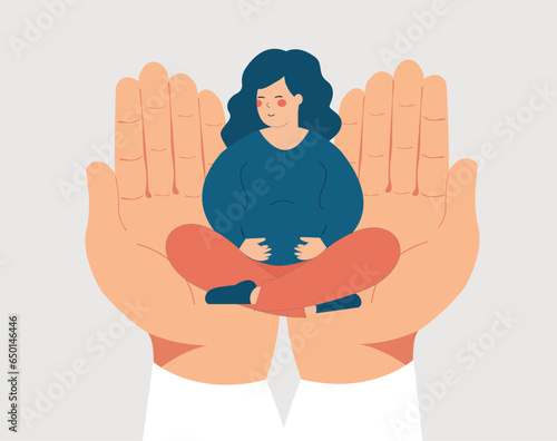 Pregnant woman sits on her doctor's hands during a check-up. Care in hospital, maternity for a women who need support. Prenatal care helps ensure a healthy pregnancy. Psychological and medical concept