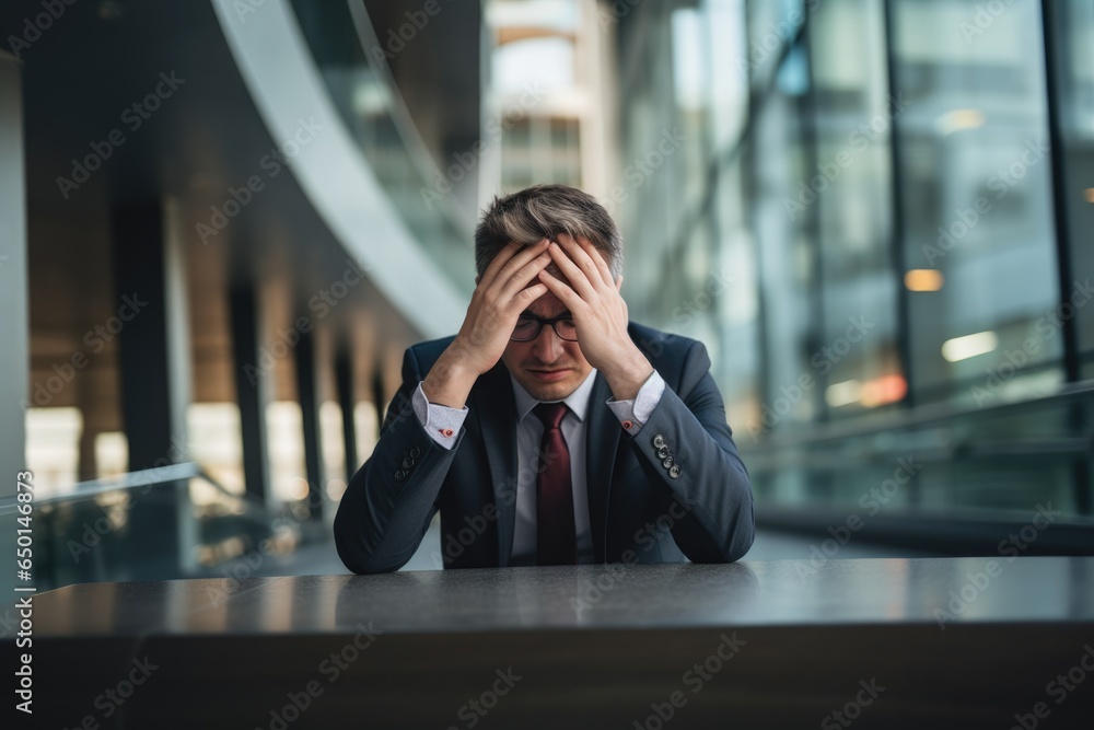 Tired businessman holding his head in hands. Tired businessman holding his head in hands.