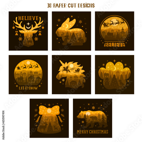 3D Christmas shadow boxes collection. Believe, Merry Christmas and Let it Snow phrases. Vector layered tunnel cards. Templates for paper cutting. Christmas light boxes.