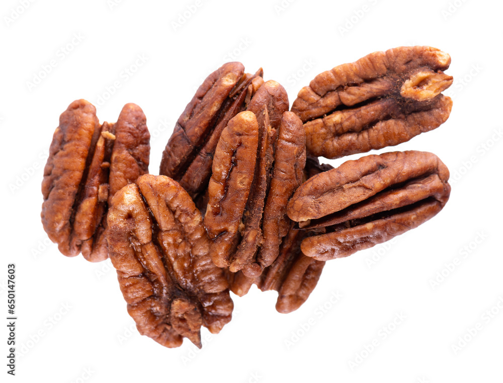 Pecan nuts isolated on white background. Shelled pecan. Clipping path. Top view. Pecan nuts isolated on white background. Shelled pecan. Clipping path. Top view.