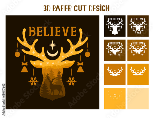 3D Christmas Deer shadow box. Believe phrase. Vector layered tunnel card with deer and trees. Template for paper cutting. Christmas light box. Multilayer paper cut design for crafters.