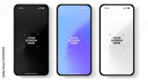 3D realistic high quality smartphone mockup with isolated background. Smart phone mockup collection. Device front view. 3D mobile phone with shadow on white background.