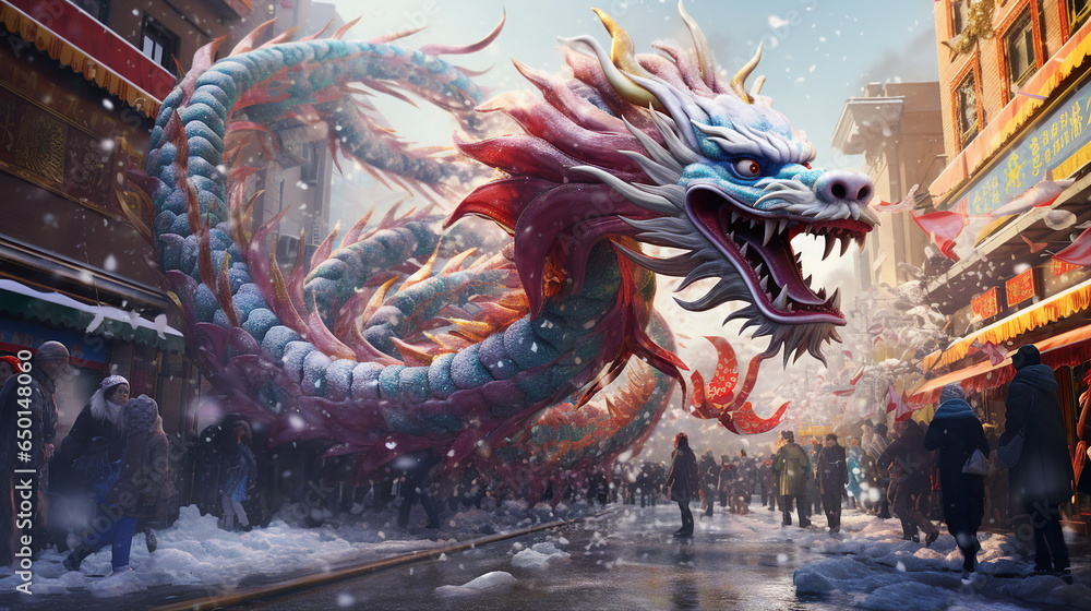 Obraz premium Dragon dance show for Chinese New Year celebration in the city streets
