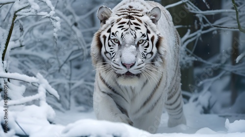 Albino white tiger in winter snow