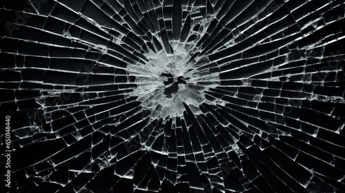 Zerbrochnes Glas mit Einschussloch, schwarzer Hintergrund, gesplittert, kaputt